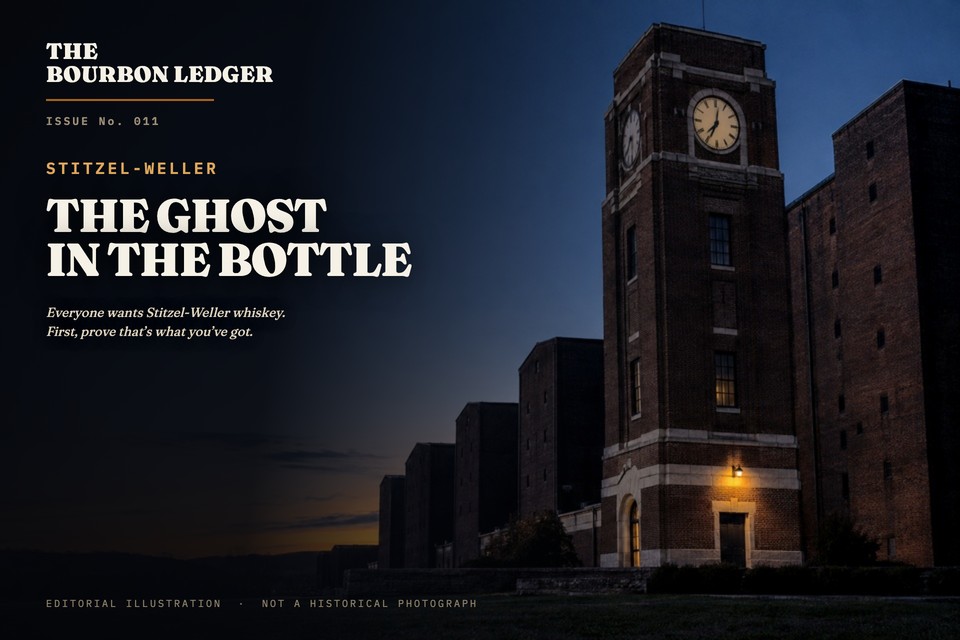 A historic distillery clock tower at twilight, its rickhouses dark, with a single warm lamp still burning over the entrance
