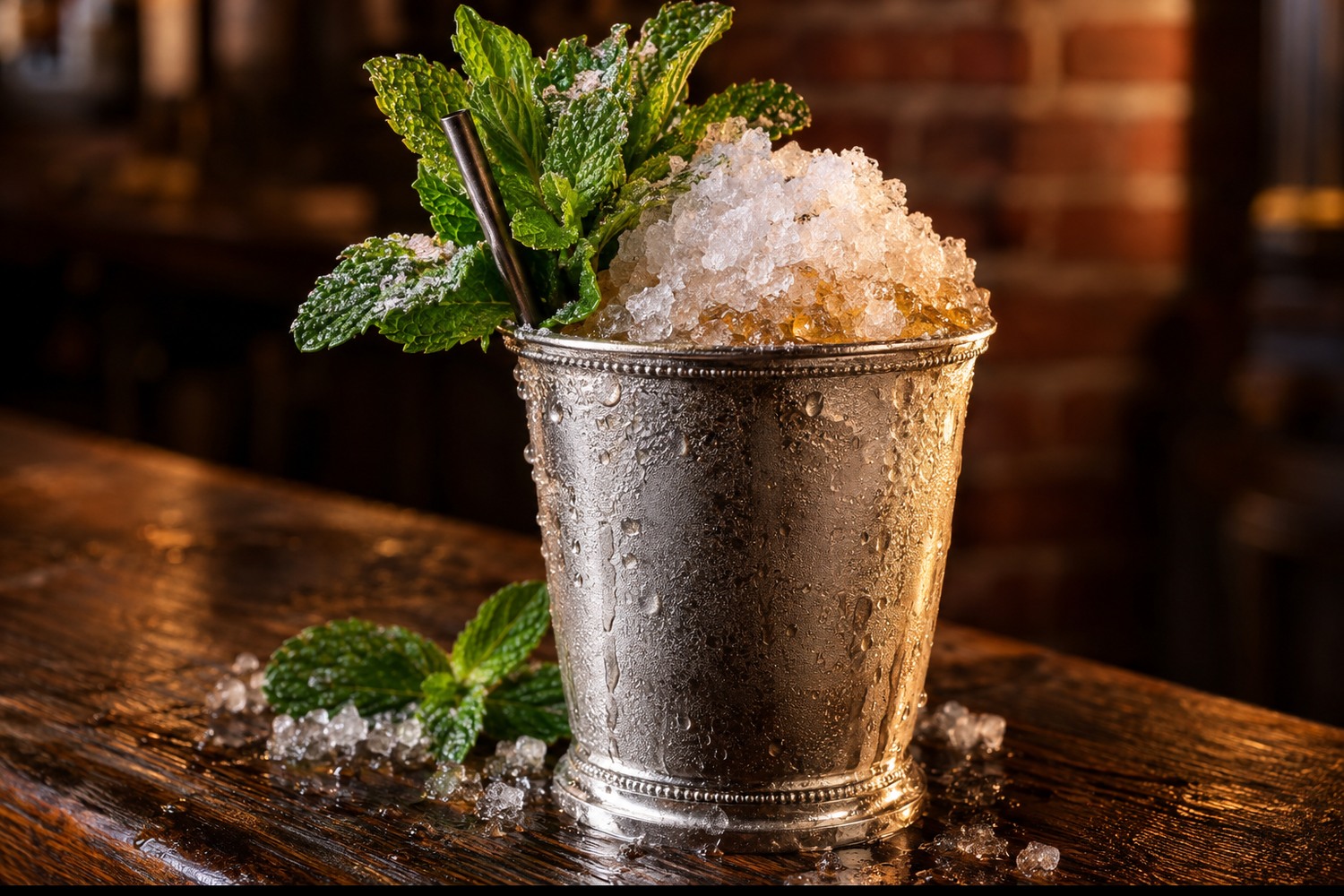A mint julep in a frosted silver julep cup on a dark oak bar, packed with crushed ice mounded above the rim, with a large bouquet of fresh mint and a short dark straw set into the ice, condensation beading down the metal and loose mint leaves and ice scattered on the wood