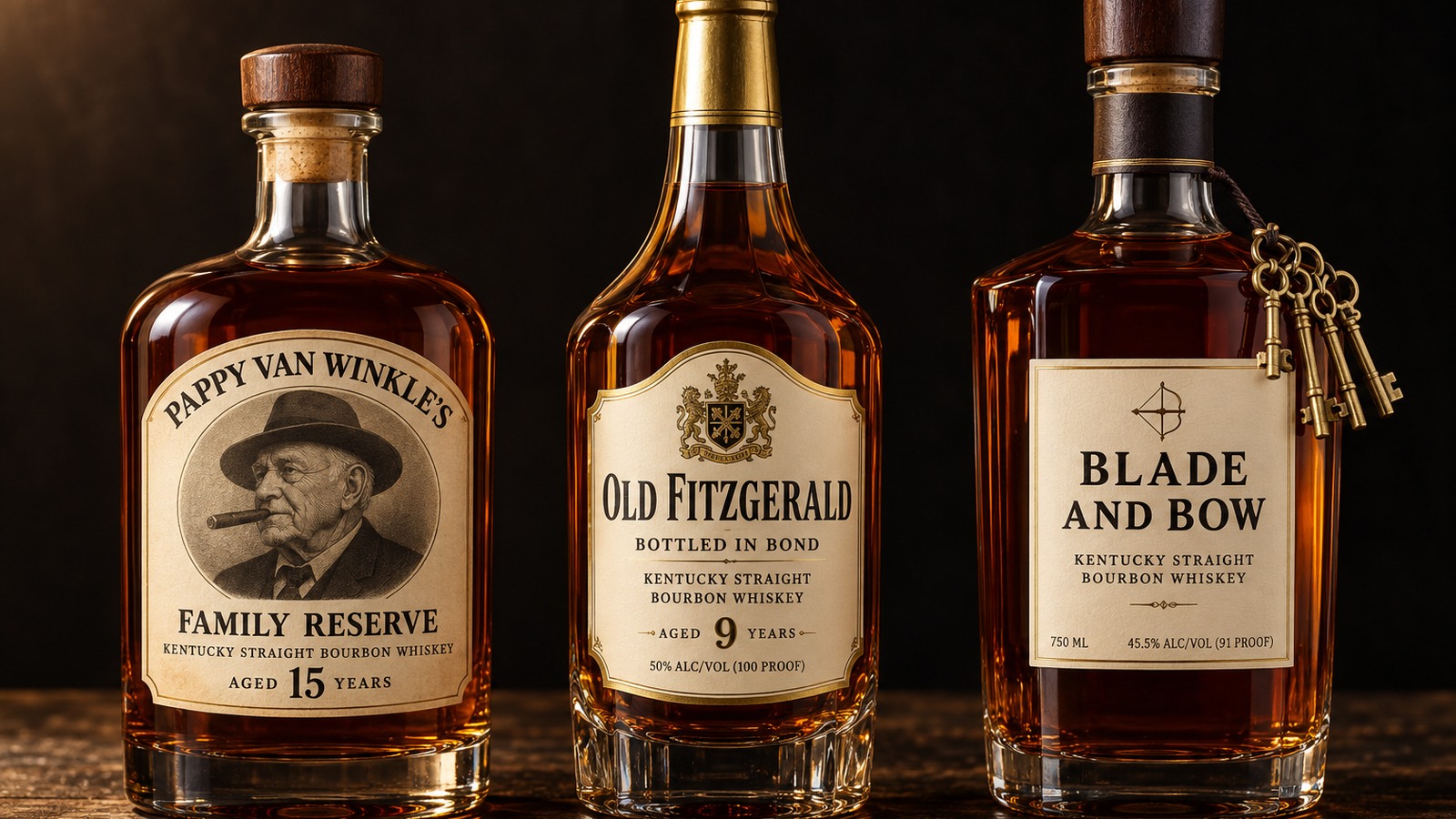 Three bourbon bottles standing in a row on dark aged oak in low warm light: Pappy Van Winkle's Family Reserve with its cream label and the portrait of a man in a hat smoking a cigar, Old Fitzgerald Bottled-in-Bond in a tall decanter-shaped bottle with a gold capsule, and Blade and Bow with five small brass keys hanging from its neck