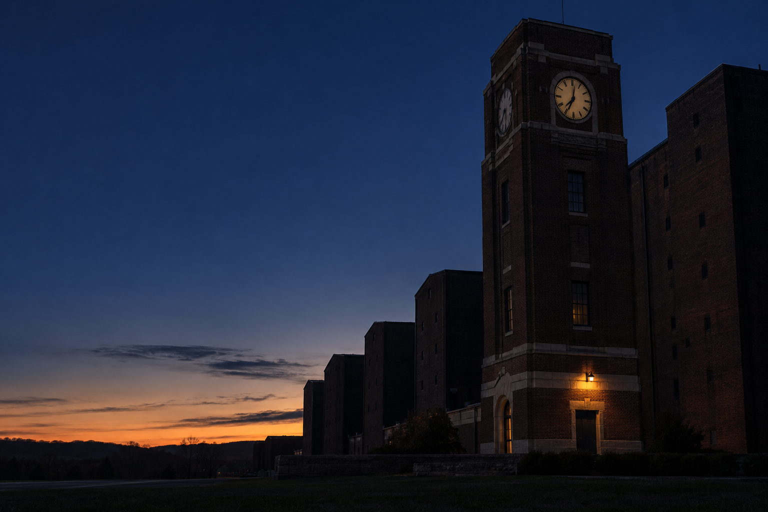 The Stitzel-Weller distillery at blue twilight: a tall red-brick clock tower lit from within, rickhouses stepping away to the left against a deep indigo sky and a low band of sunset