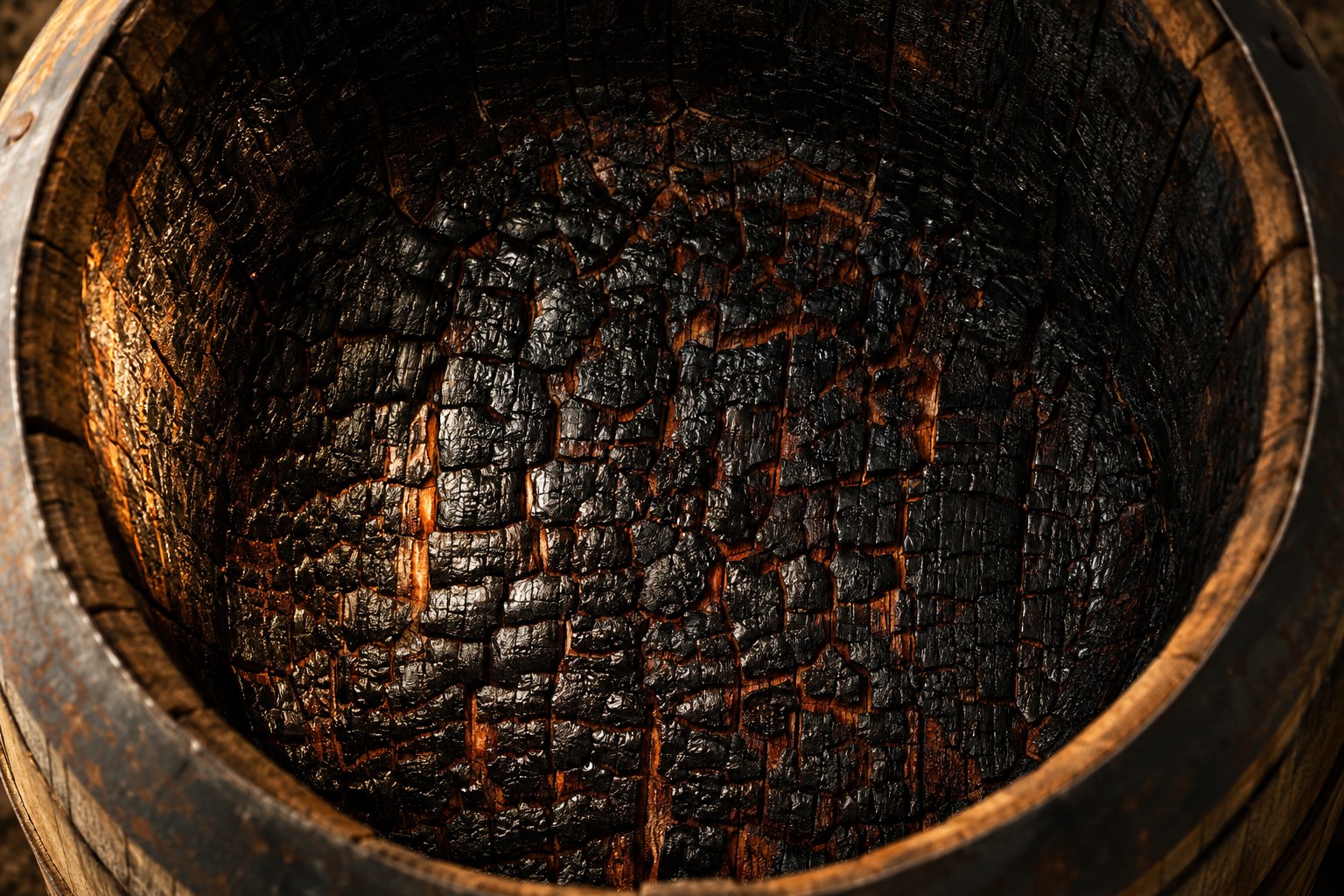 Looking down into the open head of a freshly charred new American oak barrel, the interior carbonised into the cracked, glossy, reptilian pattern coopers call alligator char, with red-brown toasted wood visible in the fissures beneath the blistered black crust