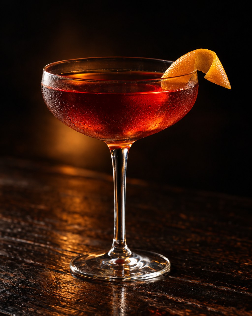 A chilled coupe glass on a dark worn timber bar top holding a clear deep red-amber stirred cocktail with no ice, a fresh orange peel twist resting on the rim, lit warmly from low and behind so the liquid glows against a near-black background