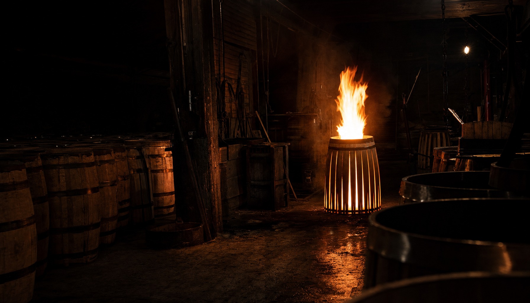 Cinematic interior of a working bourbon cooperage with real flame erupting from a barrel mid-char, surrounding barrels fading into darkness