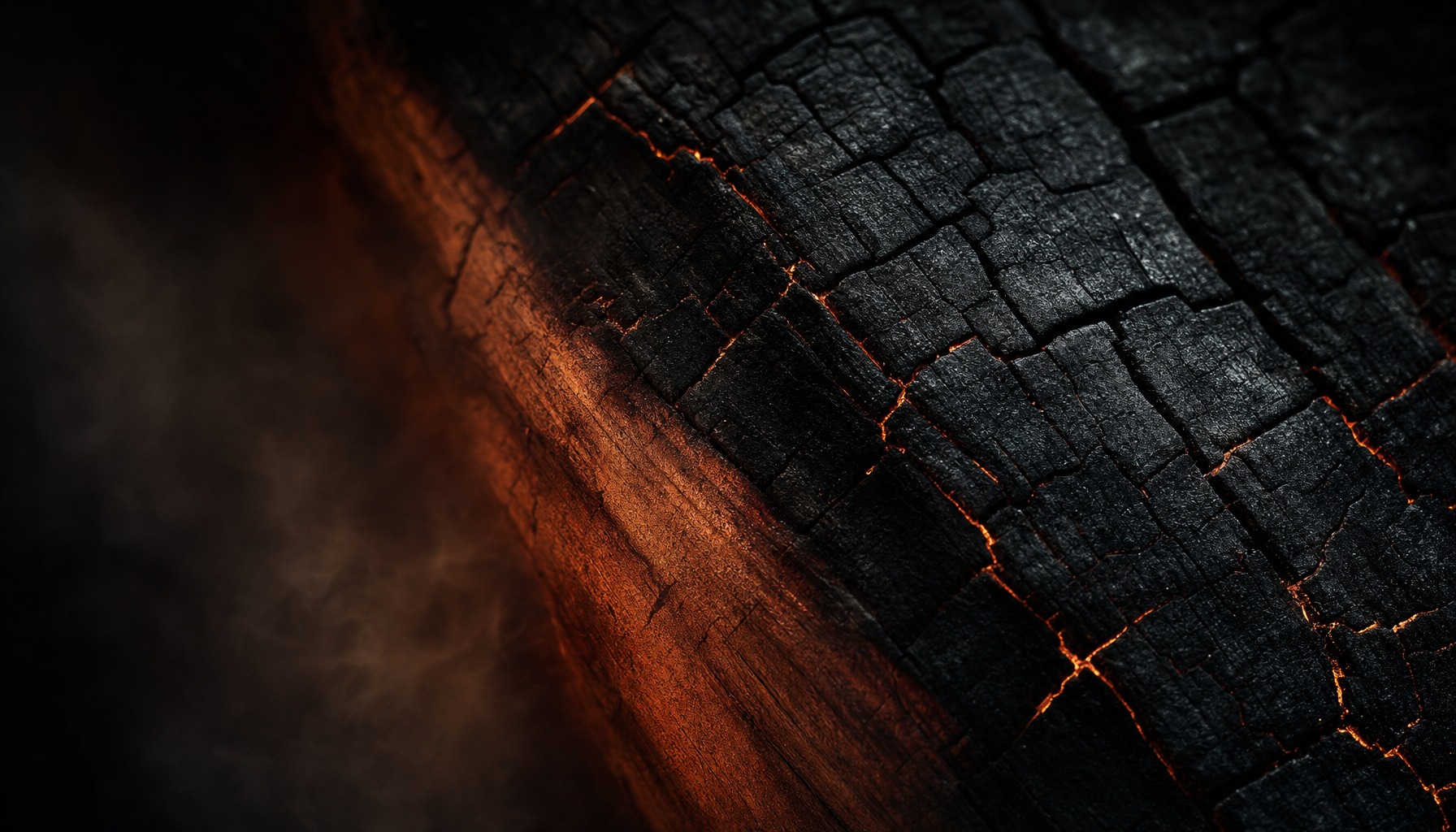 Macro editorial photograph of charred American white oak with glowing amber cracks transitioning to reddish-brown transformed wood