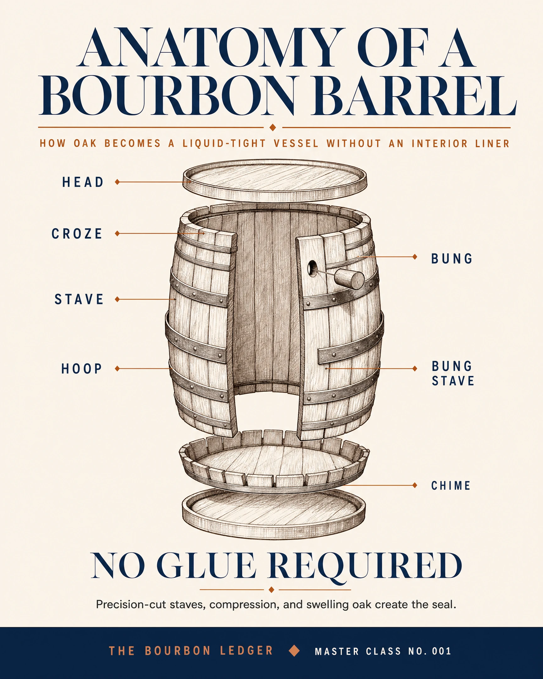 Exploded technical illustration of a bourbon barrel labeling head, croze, stave, hoop, bung, bung stave and chime