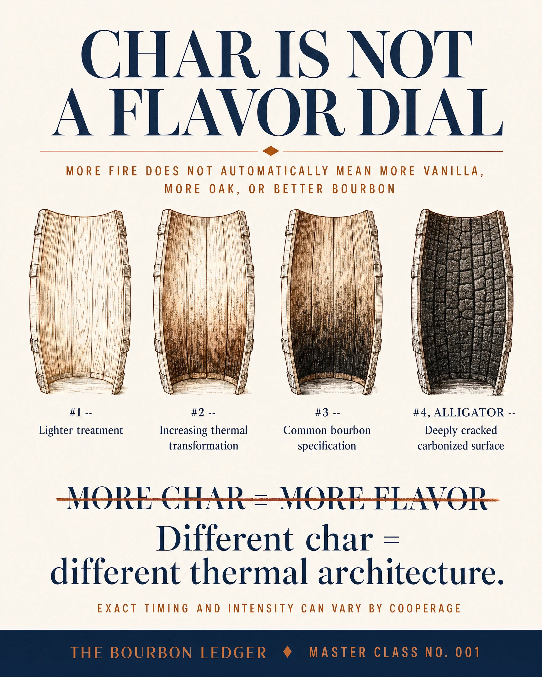 Four barrel-interior samples showing progressively increasing char, from a lightly toasted surface through to a deeply cracked alligator char at level 4