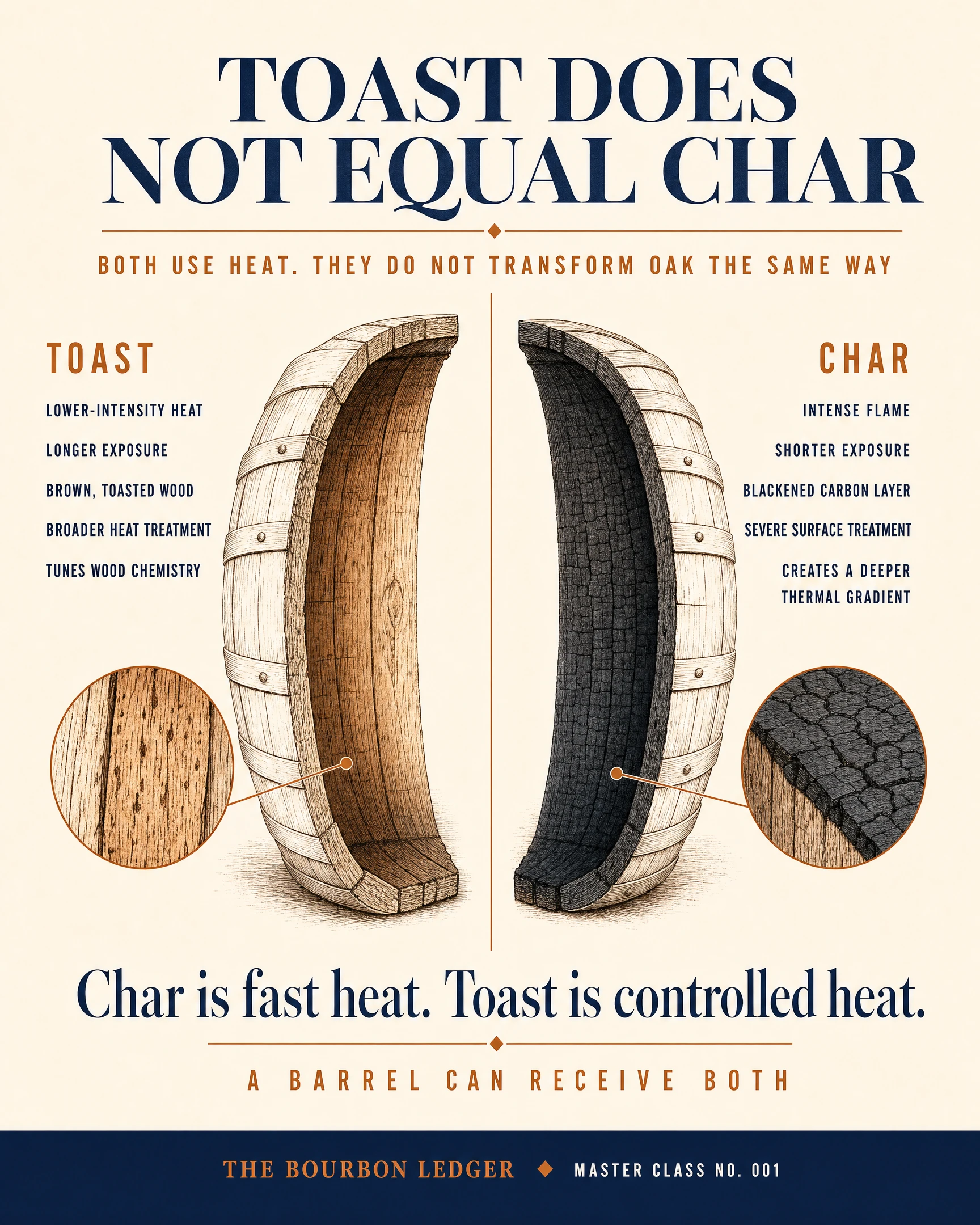 Split comparison illustration of a toasted barrel interior versus a charred barrel interior