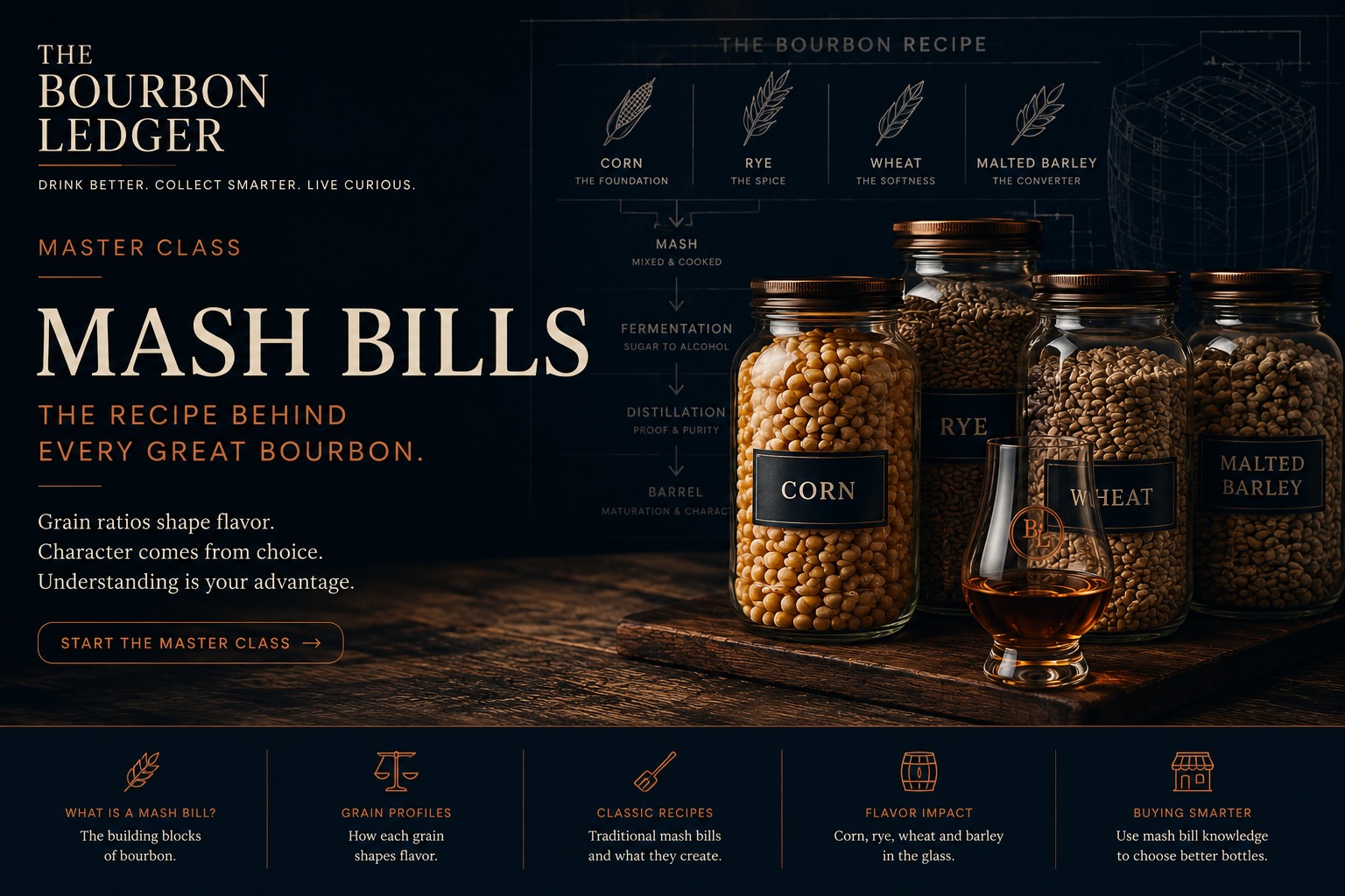 The Bourbon Ledger Mash Bills Master Class cover showing corn, rye, wheat and malted barley with a bourbon glass and mash bill educational artwork.